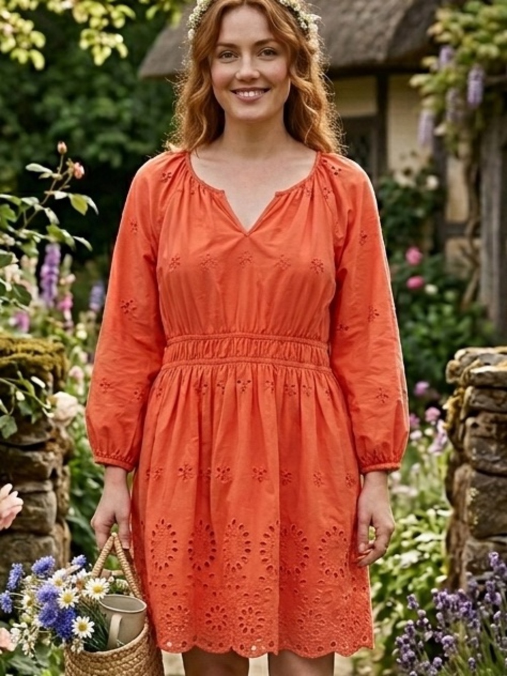 Eyelet romantic cottage Mini Dress Orange XL Cotton Long Puff Sleeve Boho Pocket